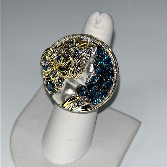Flowing Hair Beauty Matte Sterling Gold Accent London Blue Topaz Designer Ring - Picture 2 of 9